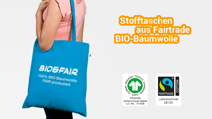 Blauer Fairtrade Stoffbeutel aus Biobaumwolle